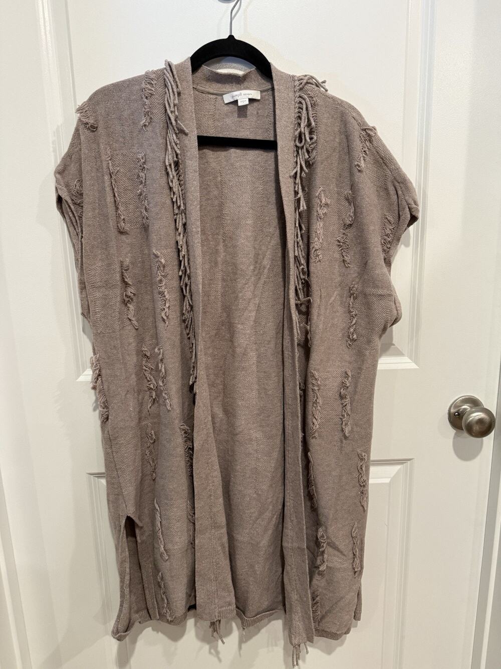 J.Jill Pure Elements Women's Sz S Taupe Long Sleeveless Sweater Fringe Vest